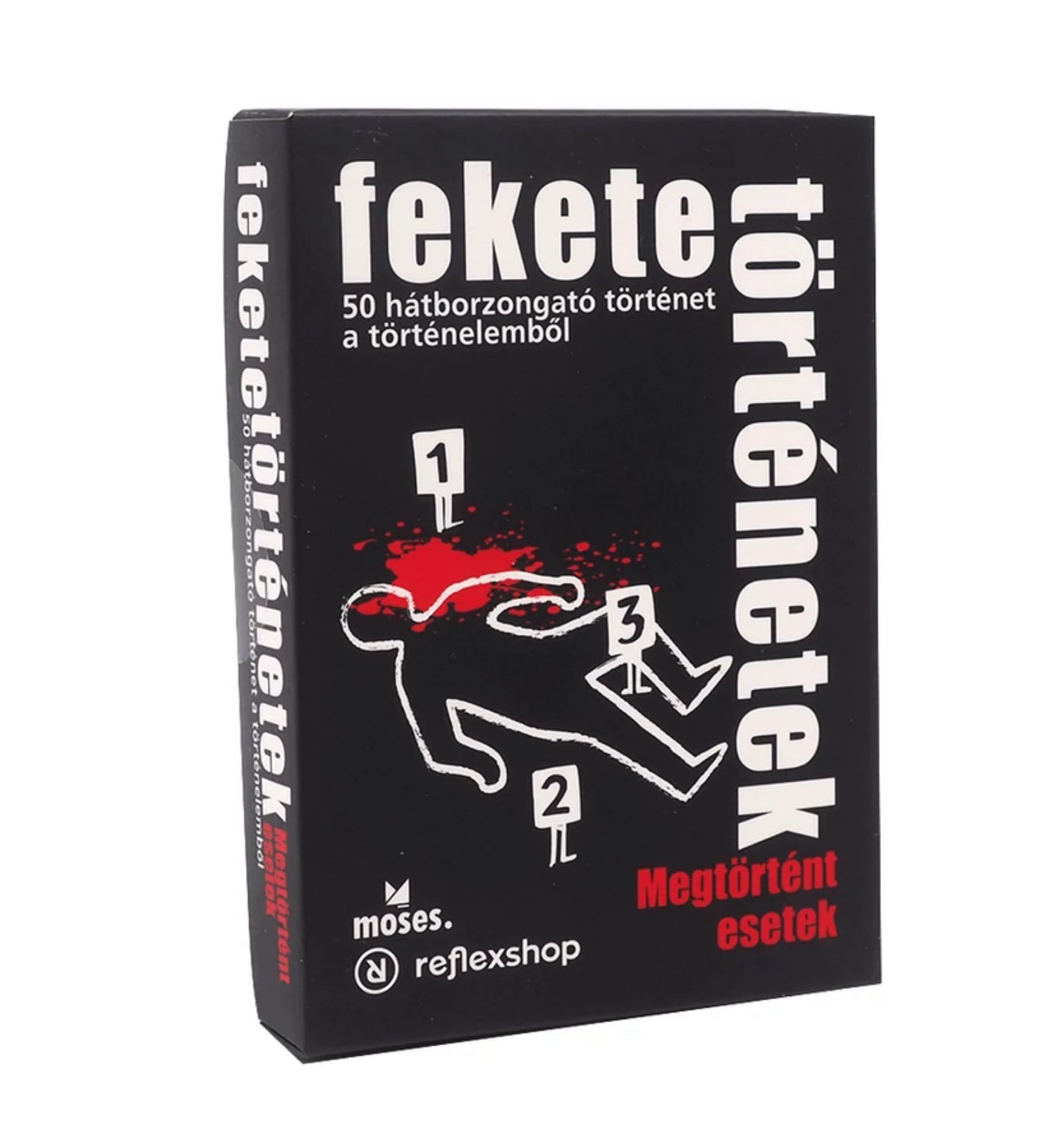  A Fekete történetek: Megtörtént esetek társasjáték doboza, rajta egy bűntény helyszínrajzával és vérnyomokkal.
