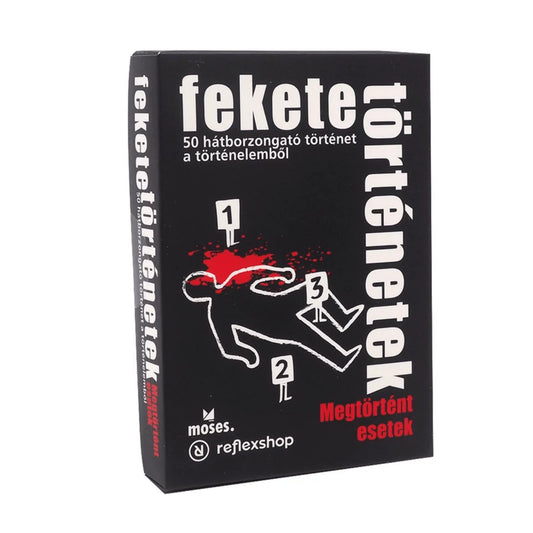  A Fekete történetek: Megtörtént esetek társasjáték doboza, rajta egy bűntény helyszínrajzával és vérnyomokkal.