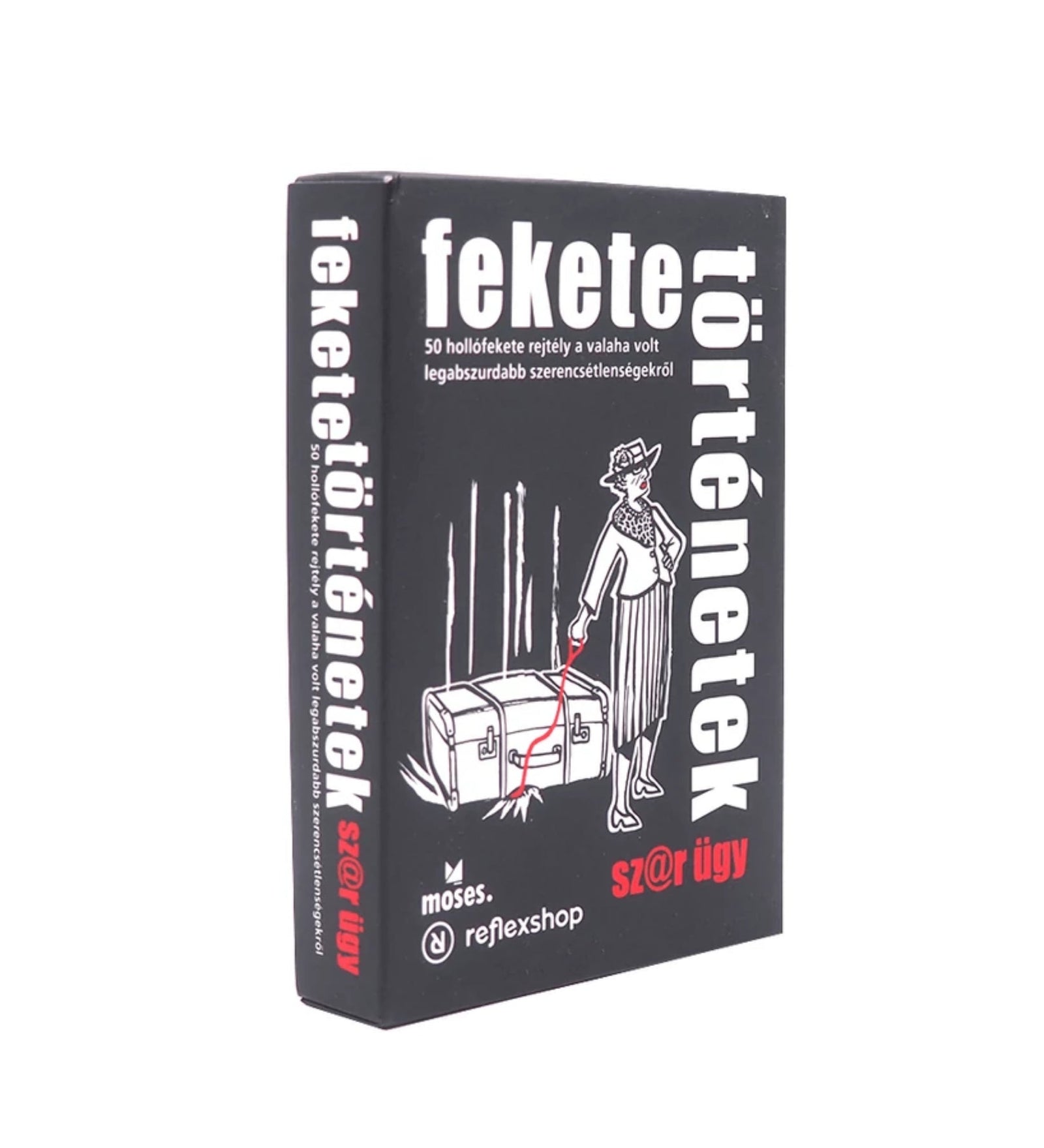 A fekete történetek szar ügy doboza zárt állapotban, fekete alapon fehér piros illusztrációval és a termék nevével.