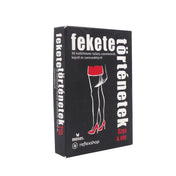 A Fekete történetek – Szex & vér kártyajáték doboza, fekete háttérrel, középen egy piros szoknyás női alak látható késsel a kezében.