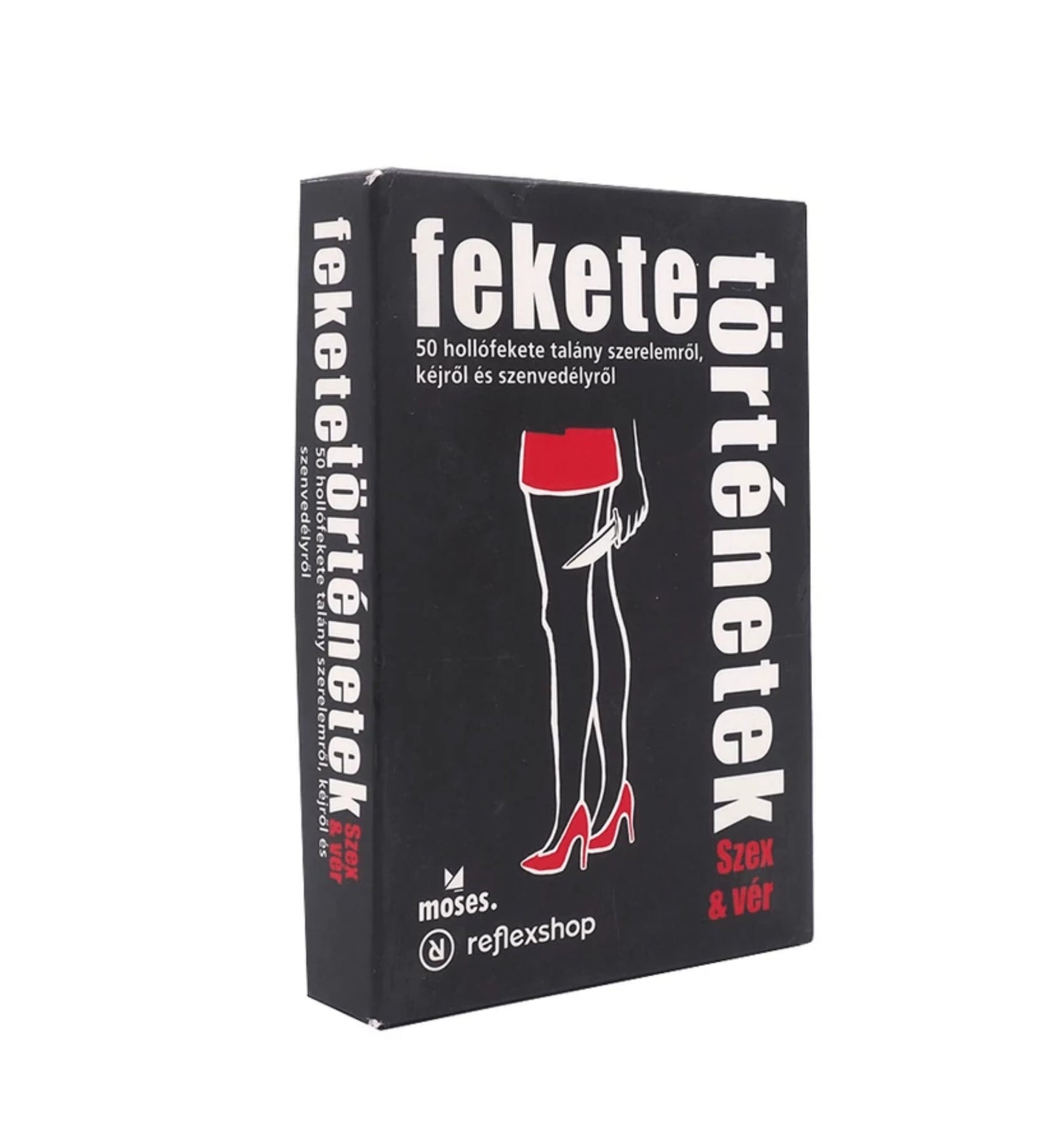 A Fekete történetek – Szex & vér kártyajáték doboza, fekete háttérrel, középen egy piros szoknyás női alak látható késsel a kezében.