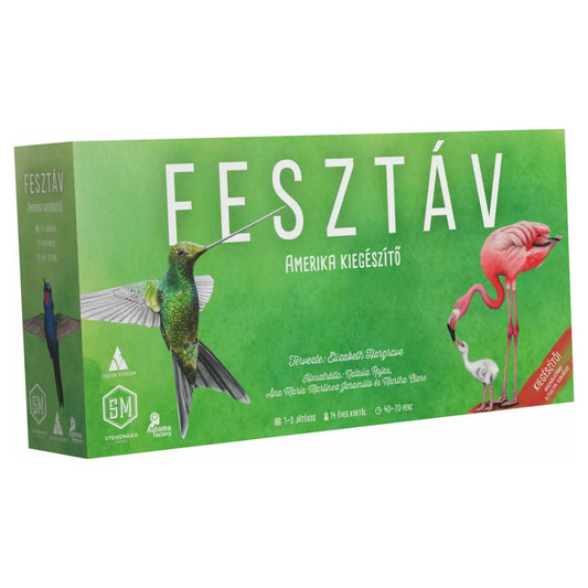 Fesztáv: Amerika magyar nyelvű társasjáték-kiegészítő doboza kolibrivel és flamingókkal.