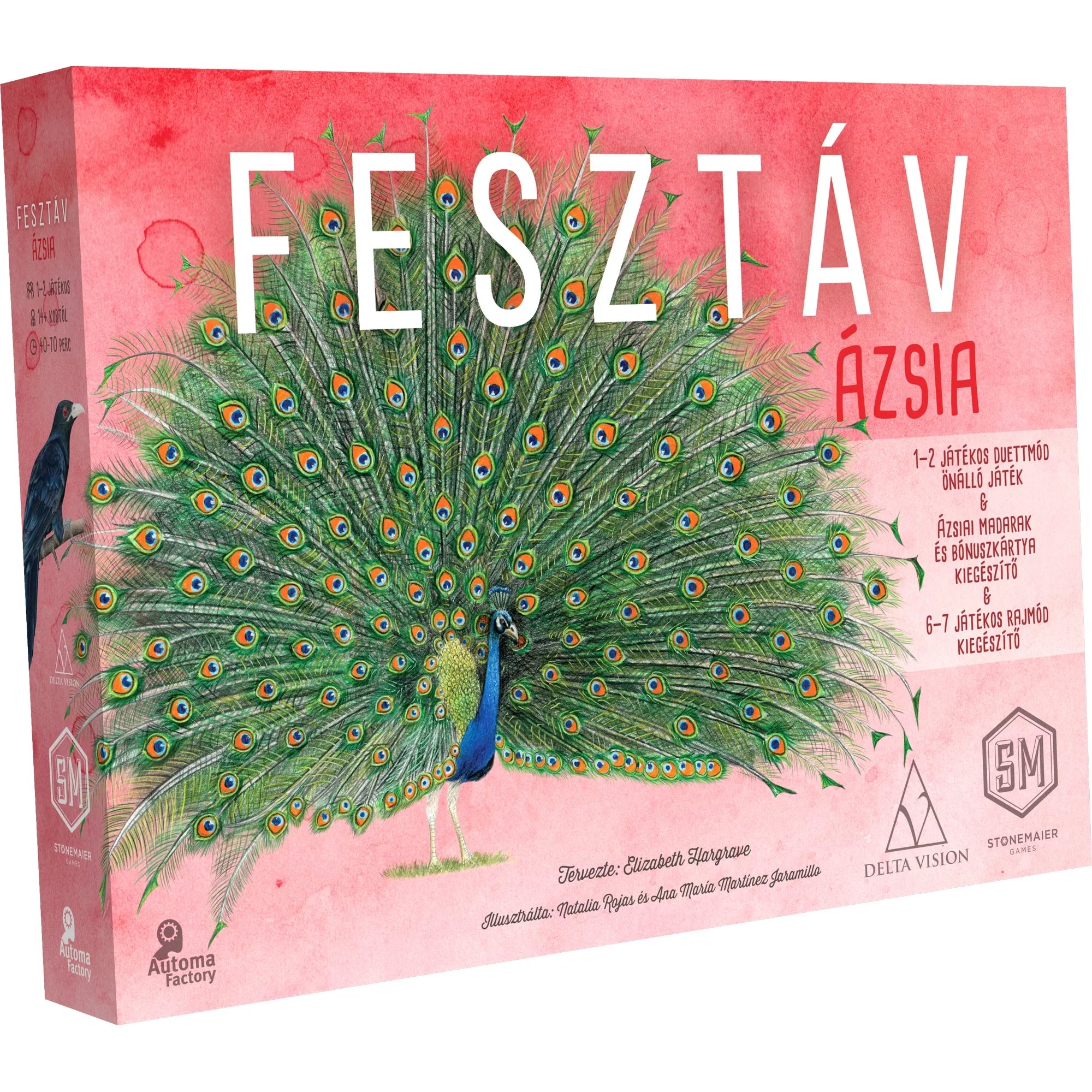 Fesztáv – Ázsia társasjáték dobozkép, pávát ábrázoló illusztrációval, Wingspan harmadik kiegészítője, szóló és duett játékmóddal