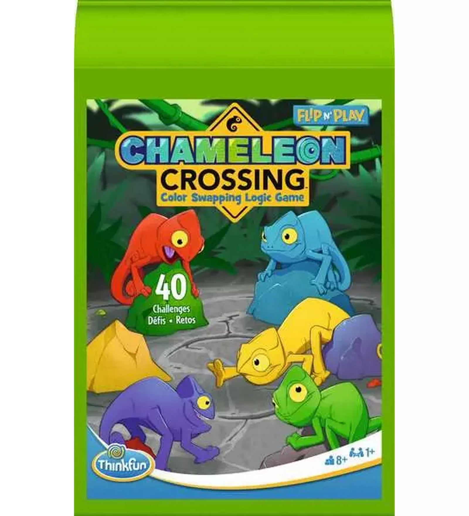 Flip n' Play Chameleon Crossing többnyelvű logikai játék dobozképe, élénk színű kaméleon grafikákkal és 40 kihívást jelző felirattal.