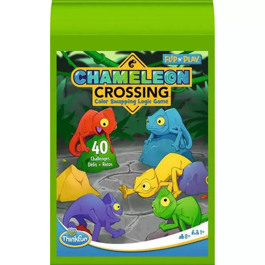 Flip n' Play Chameleon Crossing többnyelvű logikai játék dobozképe, élénk színű kaméleon grafikákkal és 40 kihívást jelző felirattal.