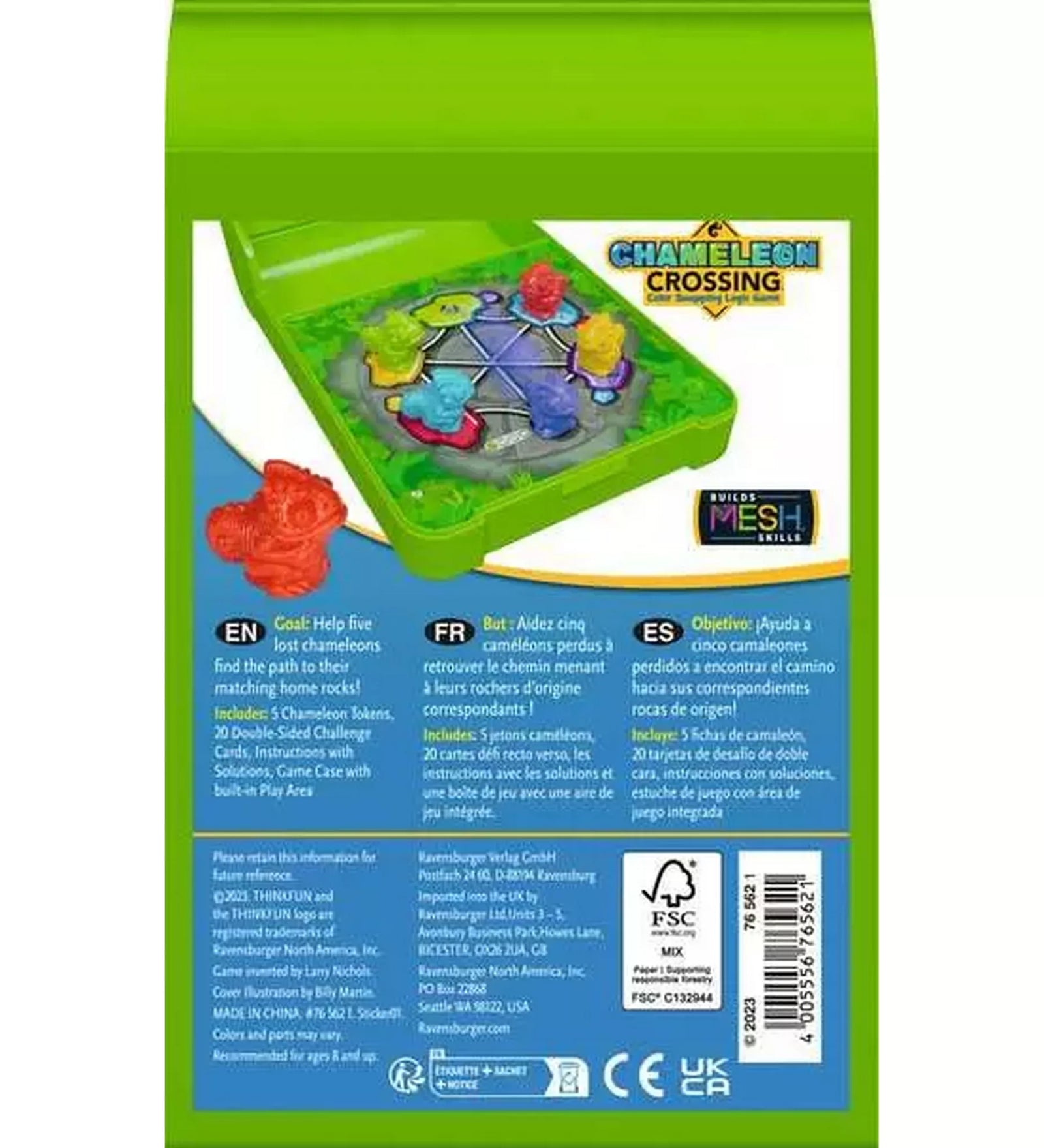 Flip n' Play Chameleon Crossing többnyelvű logikai játék hátoldala, színes kaméleon bábukkal, játéktáblával és termékinformációkkal.