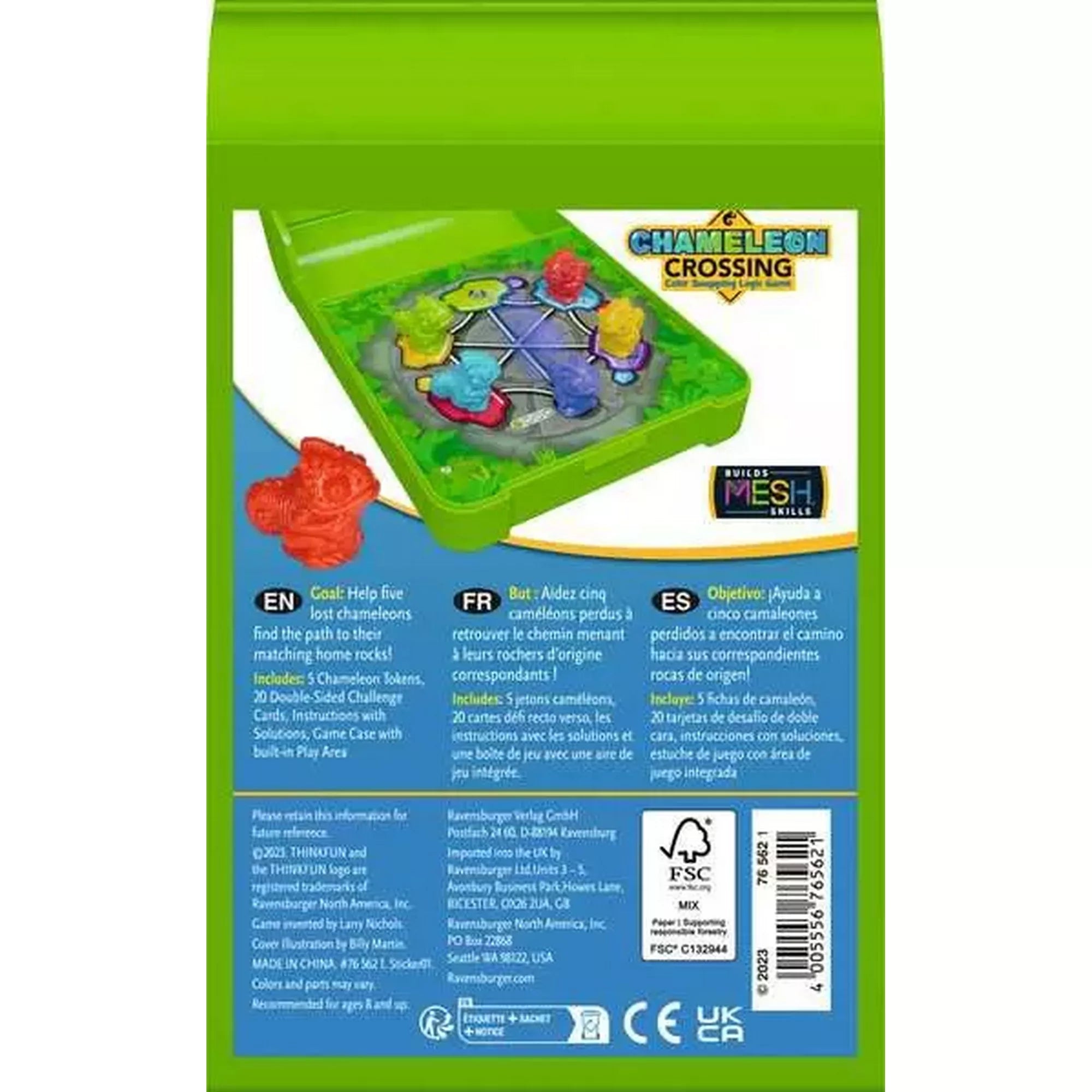 Flip n' Play Chameleon Crossing többnyelvű logikai játék hátoldala, színes kaméleon bábukkal, játéktáblával és termékinformációkkal.