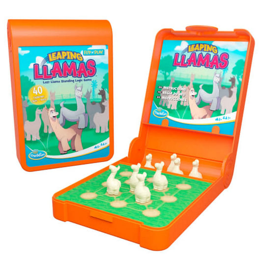 Flip n' Play Leaping Llamas többnyelvű logikai játék nyitott állapotban, zöld játéktáblával és fehér lámabábukkal a tokban.