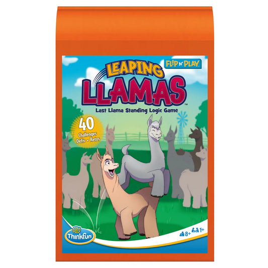 Flip n' Play Leaping Llamas többnyelvű logikai játék narancssárga, hordozható tokban, elől a lámás borítóval.