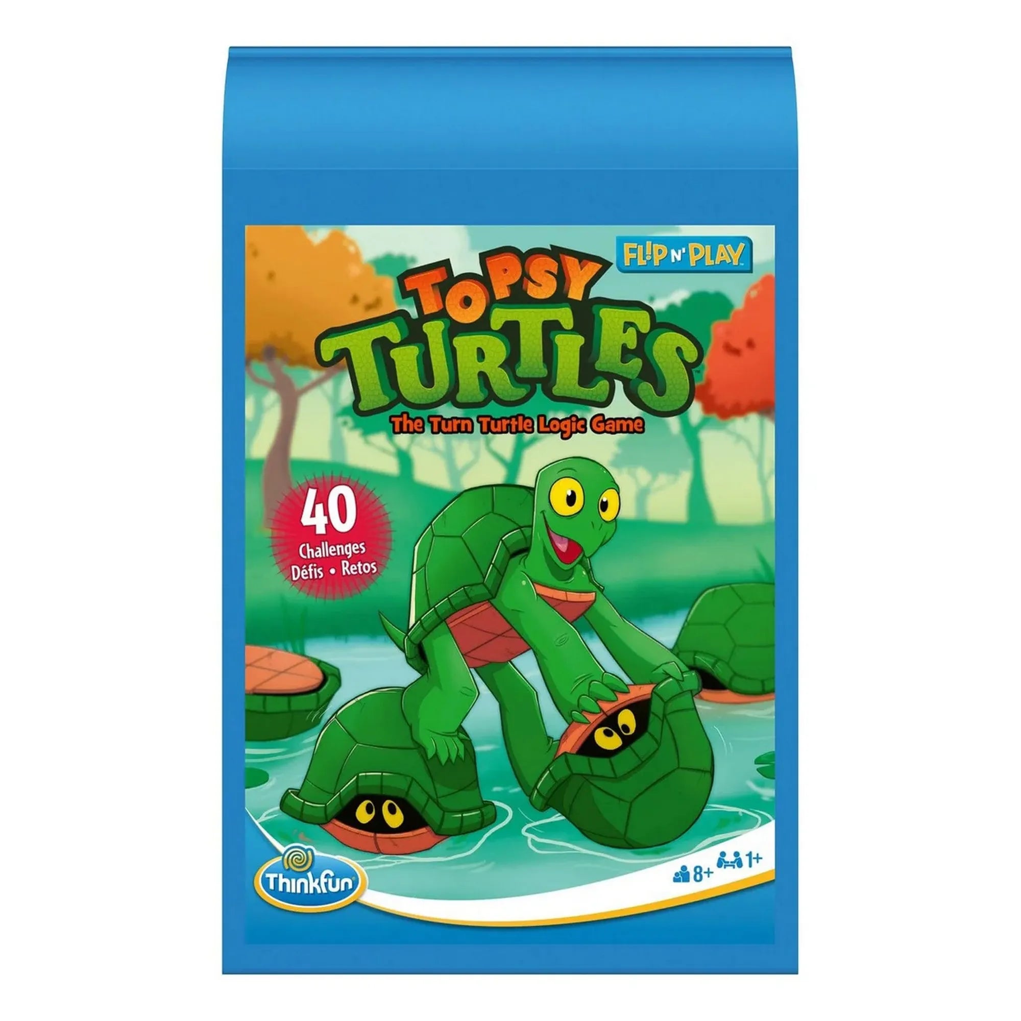 Topsy Turtles Flip n’ Play logikai játék doboza, vidám teknős grafikával és 40 kihívást jelző felirattal.