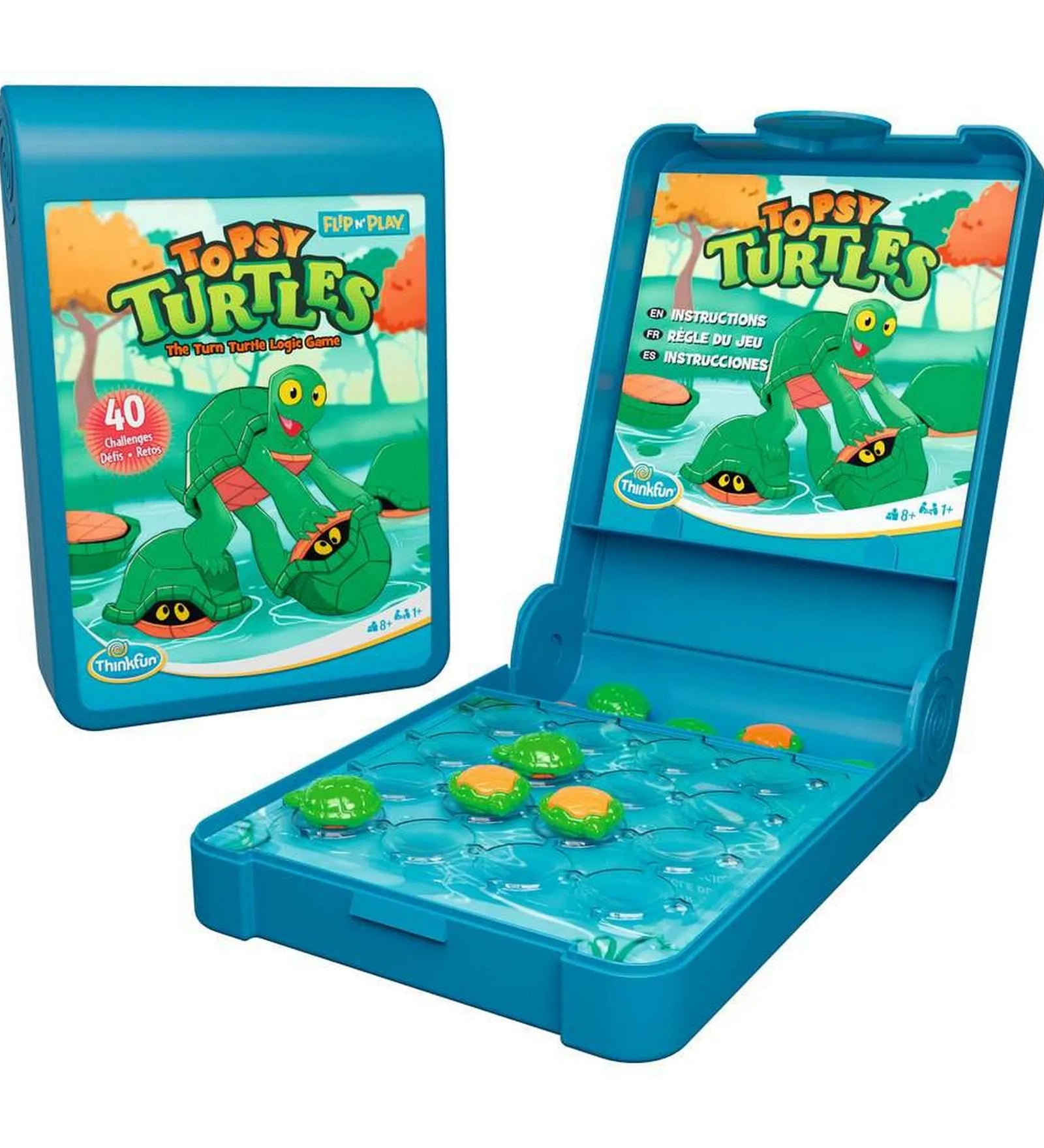 Topsy Turtles Flip n’ Play többnyelvű logikai játék nyitott tárolódobozzal, teknős figurákkal és játéktáblával.
