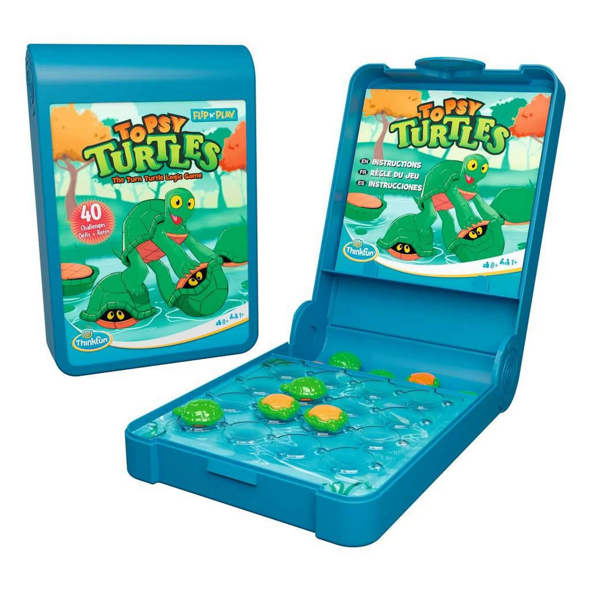 Topsy Turtles Flip n’ Play többnyelvű logikai játék nyitott tárolódobozzal, teknős figurákkal és játéktáblával.