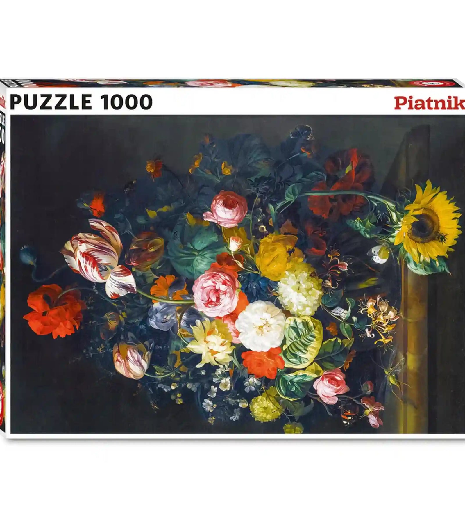 Piatnik Flower Still Life – Rachel Ruysch 1000 darabos puzzle dobozképe, klasszikus holland barokk virágcsendélettel, élénk színű virágokkal és részletgazdag festészeti motívumokkal.
