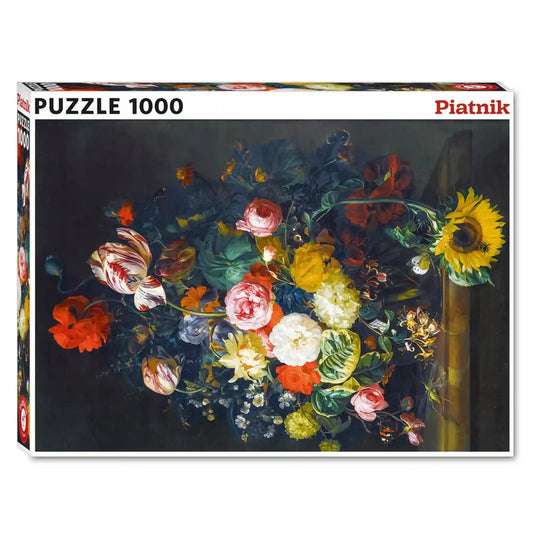 Piatnik Flower Still Life – Rachel Ruysch 1000 darabos puzzle dobozképe, klasszikus holland barokk virágcsendélettel, élénk színű virágokkal és részletgazdag festészeti motívumokkal.