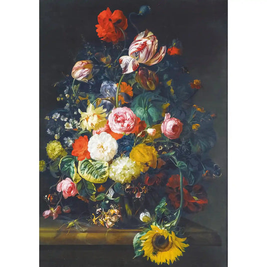 Rachel Ruysch virágcsendéletét ábrázoló Piatnik 1000 darabos puzzle képe, gazdag virágkompozícióval, tulipánokkal, rózsákkal, napraforgóval és sötét barokk háttérrel.