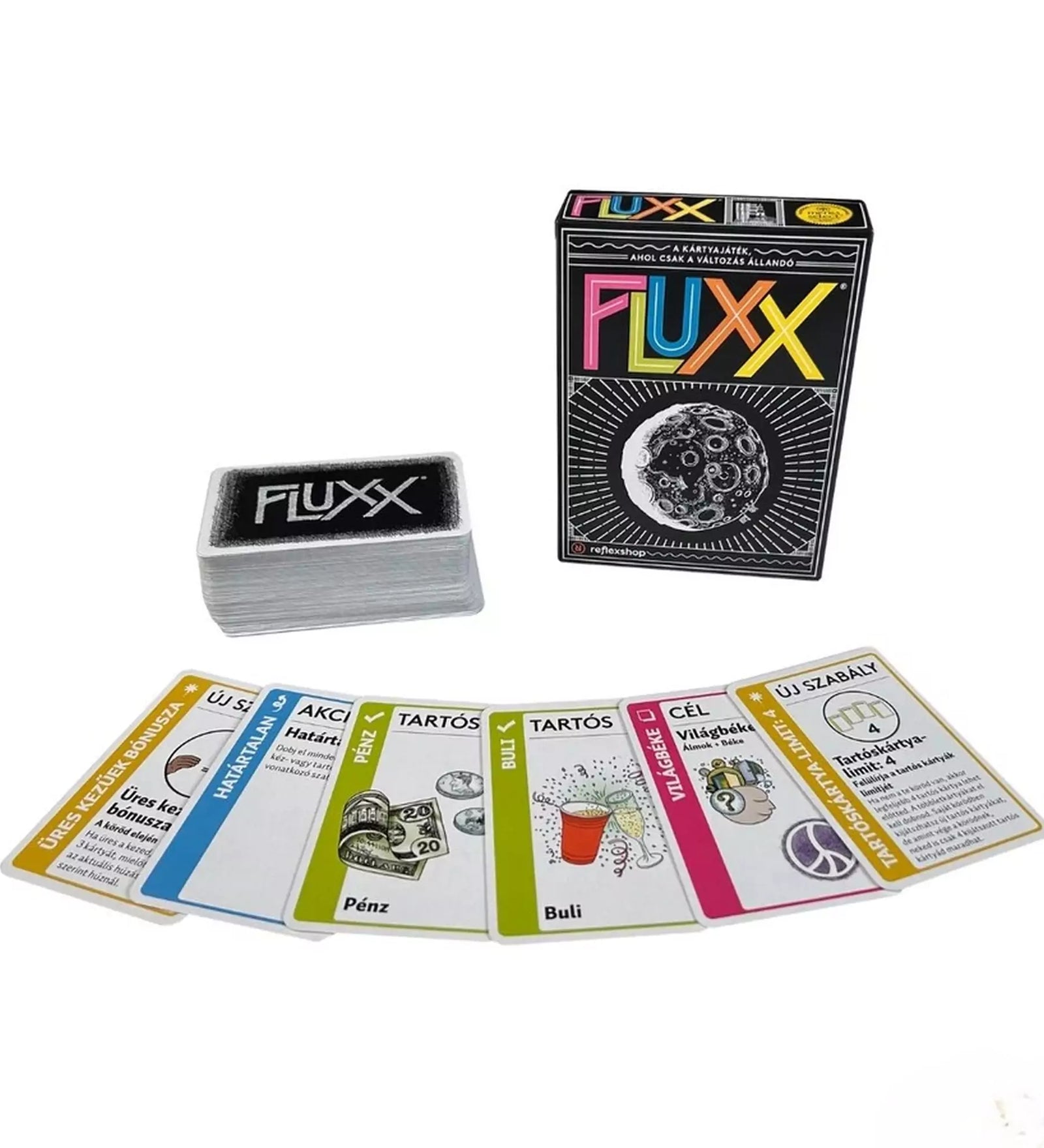 A Fluxx kártyajáték doboza és a játékelemek. A kártyák különböző kategóriákba tartoznak, például „Cél”, „Akció” és „Új szabály”.