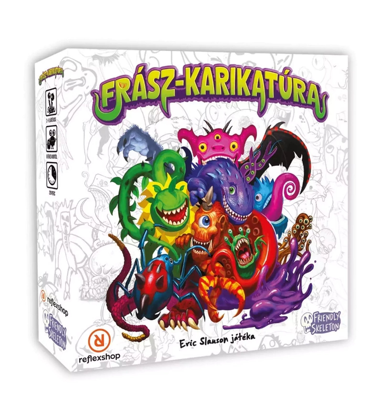 A Frászkarikatúra társasjáték doboza színes, szörnyeket ábrázoló illusztrációval.