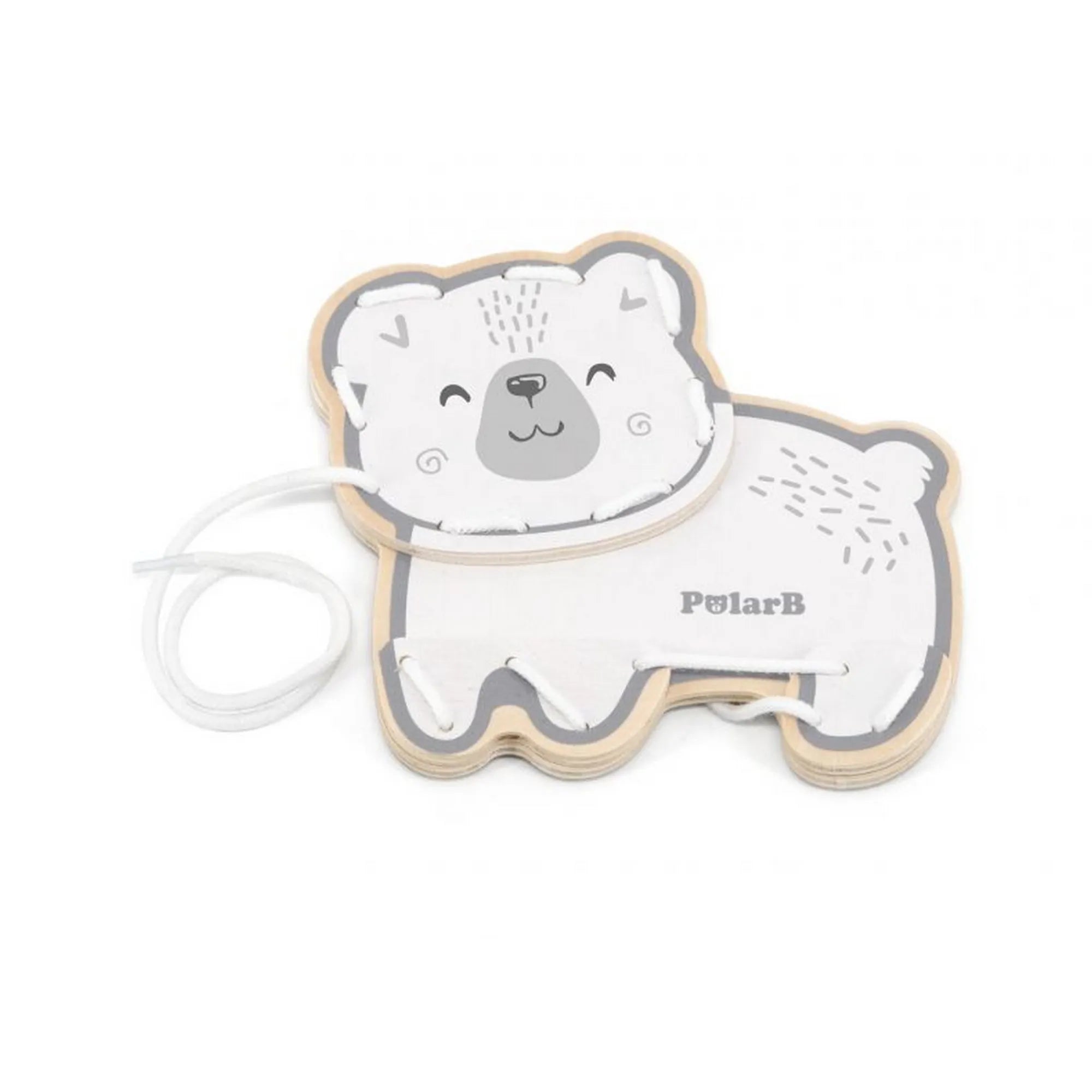 PolarB Viga „Fűzhető állatok fából” – fehér jegesmedve alakú fa fűzőjáték mosolygó mintával és fehér zsinórral.