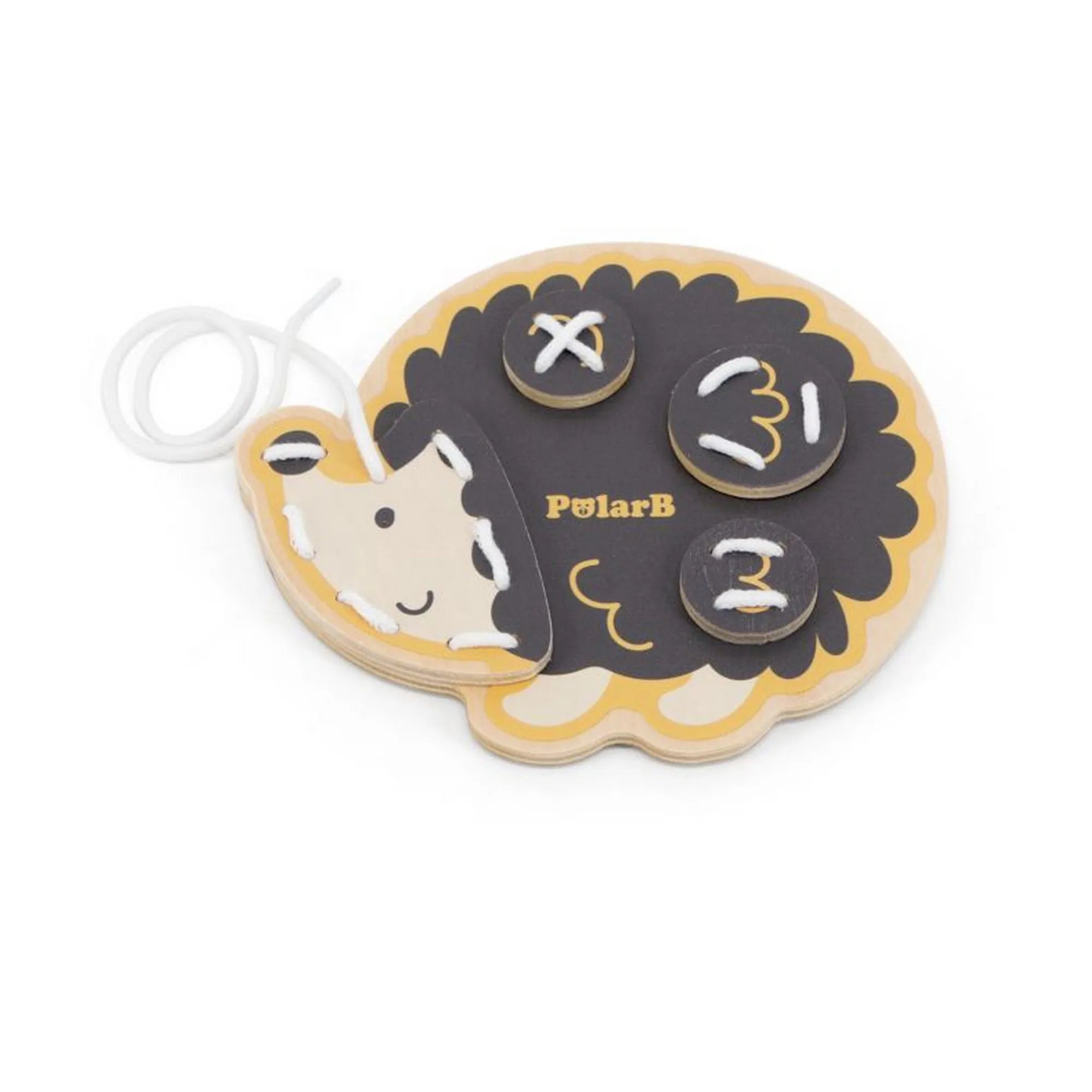 PolarB Viga Fűzhető állatok fából – fekete-sárga süniforma fa fűzőjáték fehér zsinórral és kivehető korongokkal.