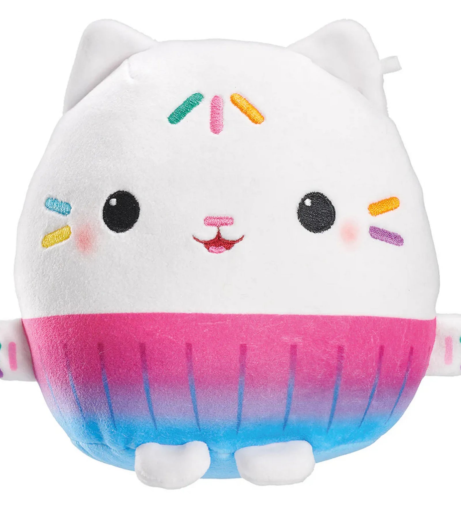 Gabby's Dollhouse: Kuchi plüssfigura, 15 cm, fehér, mosolygós cicafej formájú plüssfigura szivárványos hímzett díszítéssel, rózsaszín–kék átmenetes alsó résszel és apró tappancsokkal.