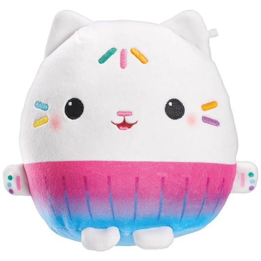 Gabby's Dollhouse: Kuchi plüssfigura, 15 cm, fehér, mosolygós cicafej formájú plüssfigura szivárványos hímzett díszítéssel, rózsaszín–kék átmenetes alsó résszel és apró tappancsokkal.