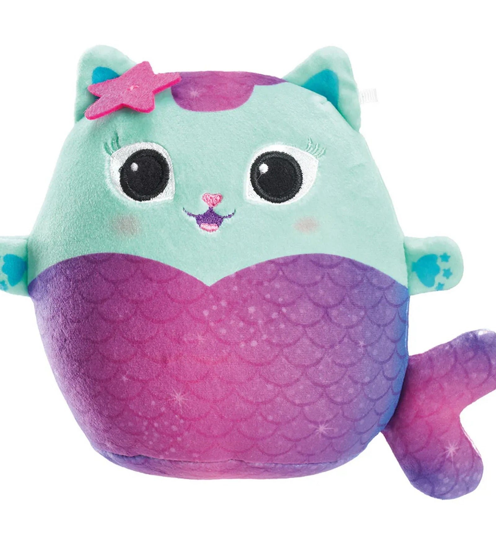 Gabby's Dollhouse Meerkatzchen plüss figura, türkiz és lila színű cica-surikáta karakter, nagy szemekkel és puha, ölelhető kivitelben.