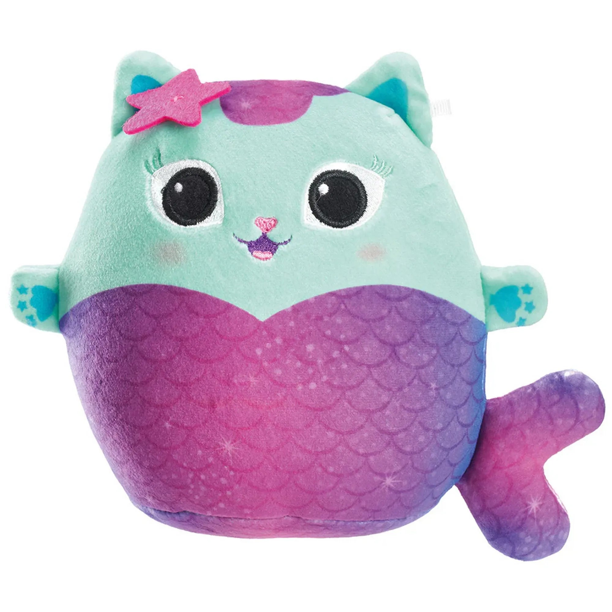 Gabby's Dollhouse Meerkatzchen plüss figura, türkiz és lila színű cica-surikáta karakter, nagy szemekkel és puha, ölelhető kivitelben.