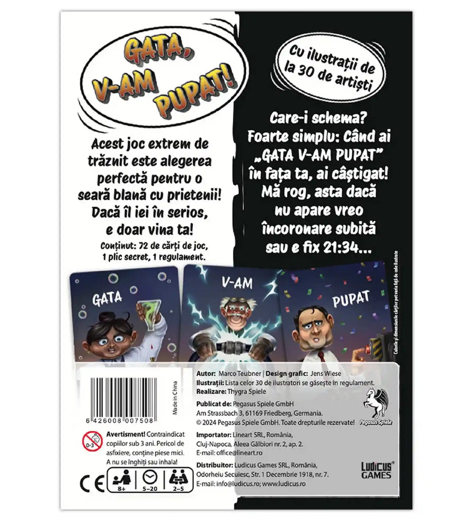Gata, v-am pupat! román nyelvű társasjáték hátoldala, a játék rövid ismertetőjével, szabálymagyarázattal és a három nyerő szó kombinációját bemutató illusztrált kártyapéldákkal.
