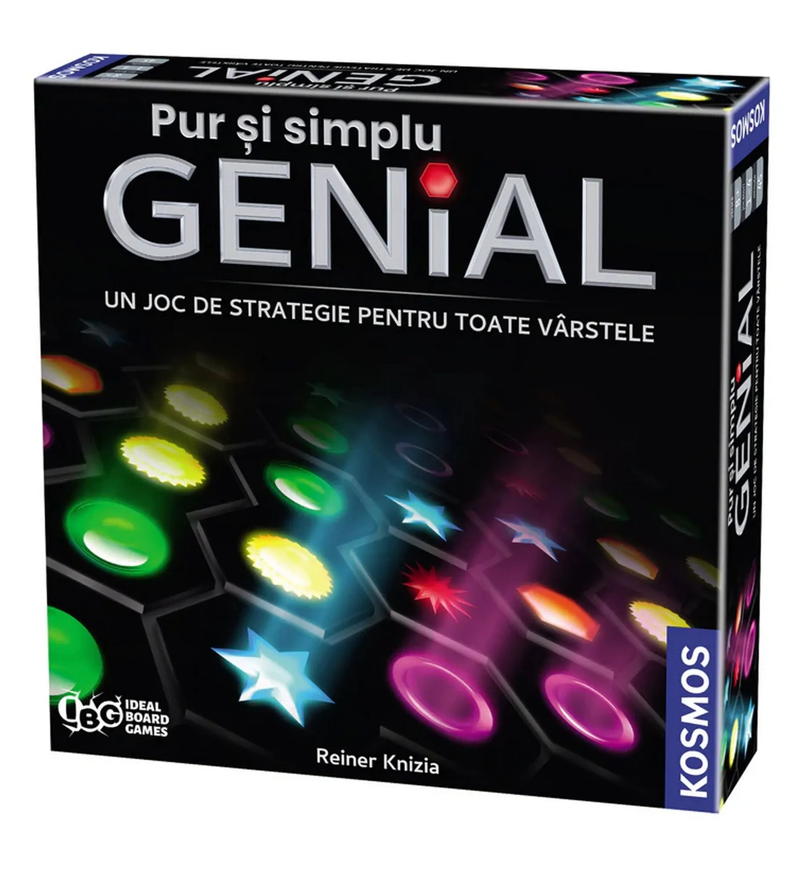 A GENIAL társasjáték dobozának előlapja fekete háttérrel és élénk színű szimbólumokkal, középen a „Pur și simplu GENIAL” felirattal és a Kosmos logóval.