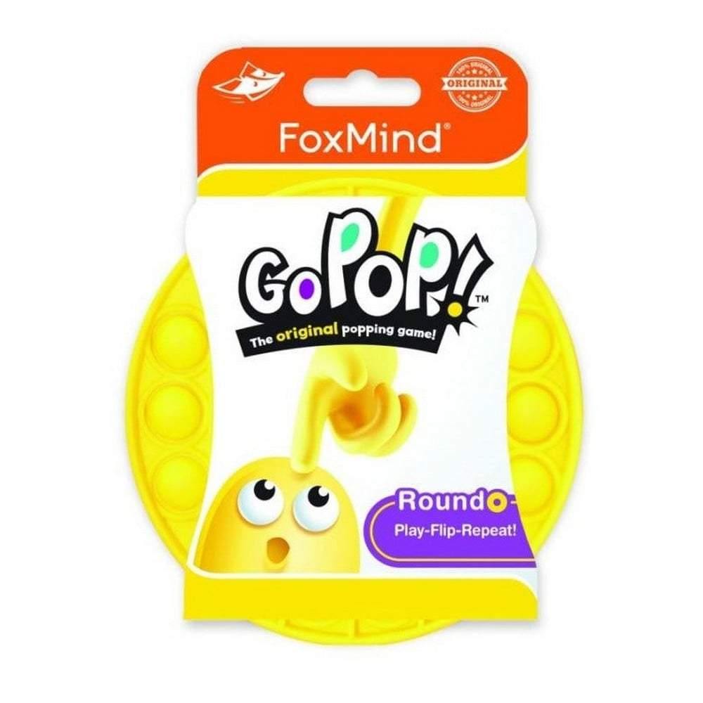 Go Pop! Roundo sárga színű pukkanós játék csomagolásban, Play-Flip-Repeat! felirattal és FoxMind logóval.”