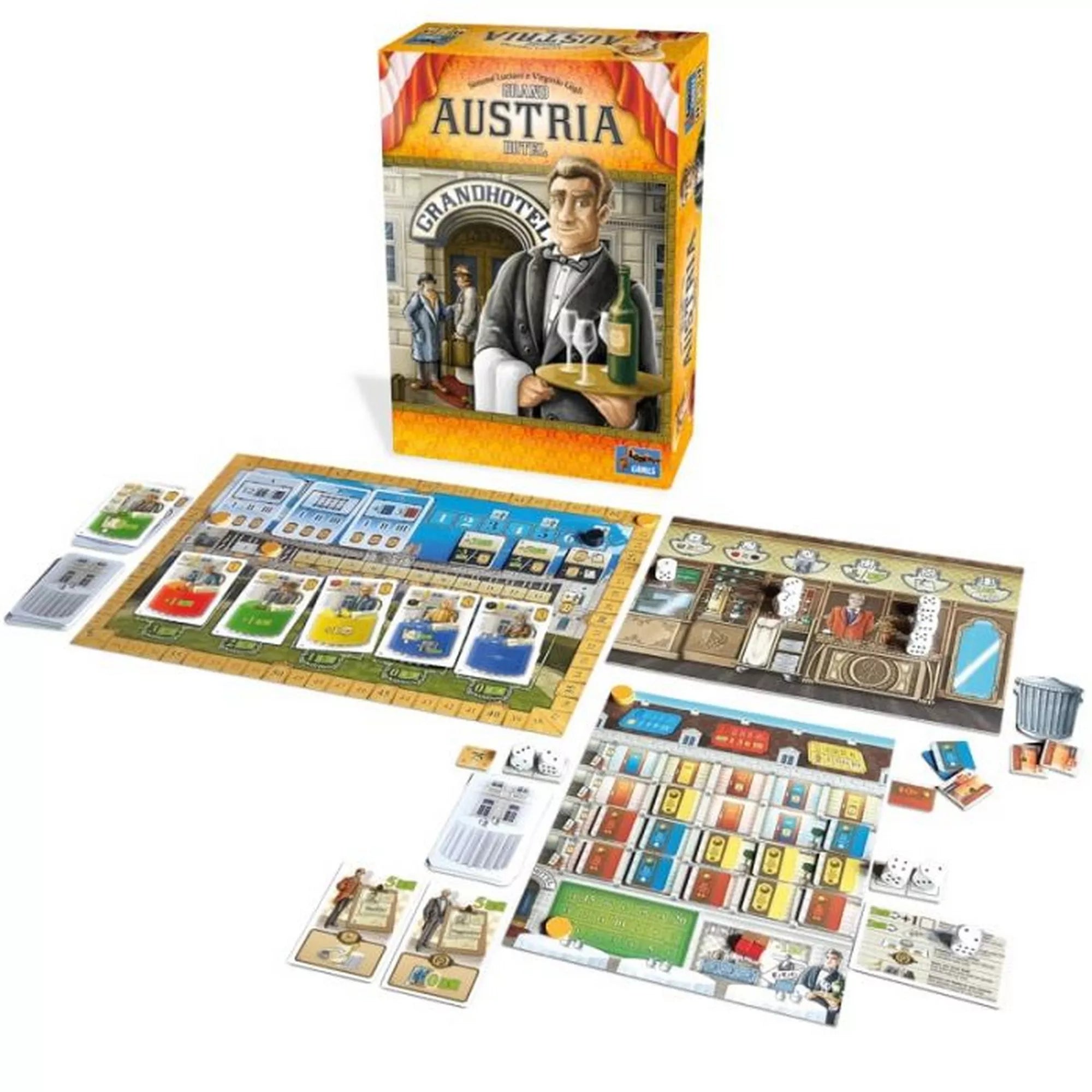 Grand Austria Hotel társasjáték teljes tartalma kiterítve, játéktáblák és kártyák