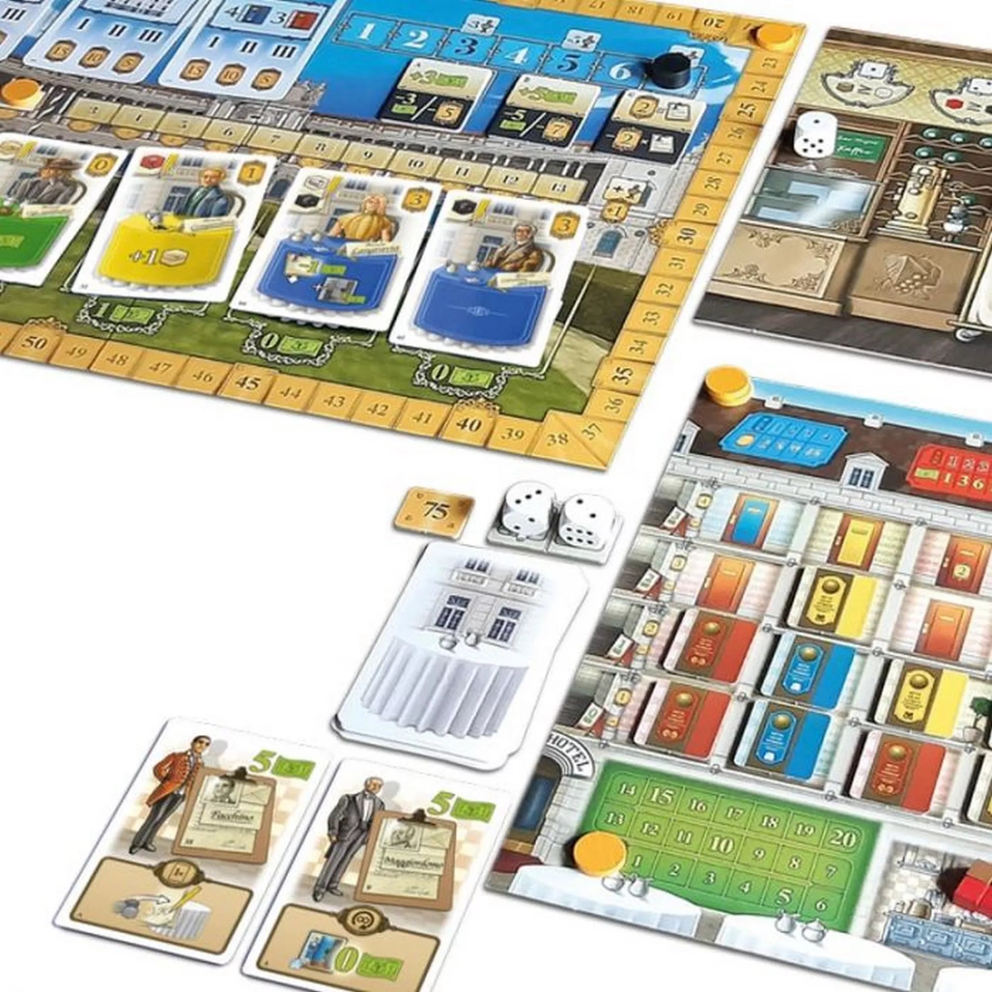 Grand Austria Hotel játékállás kártyákkal, kockákkal és pontjelölőkkel