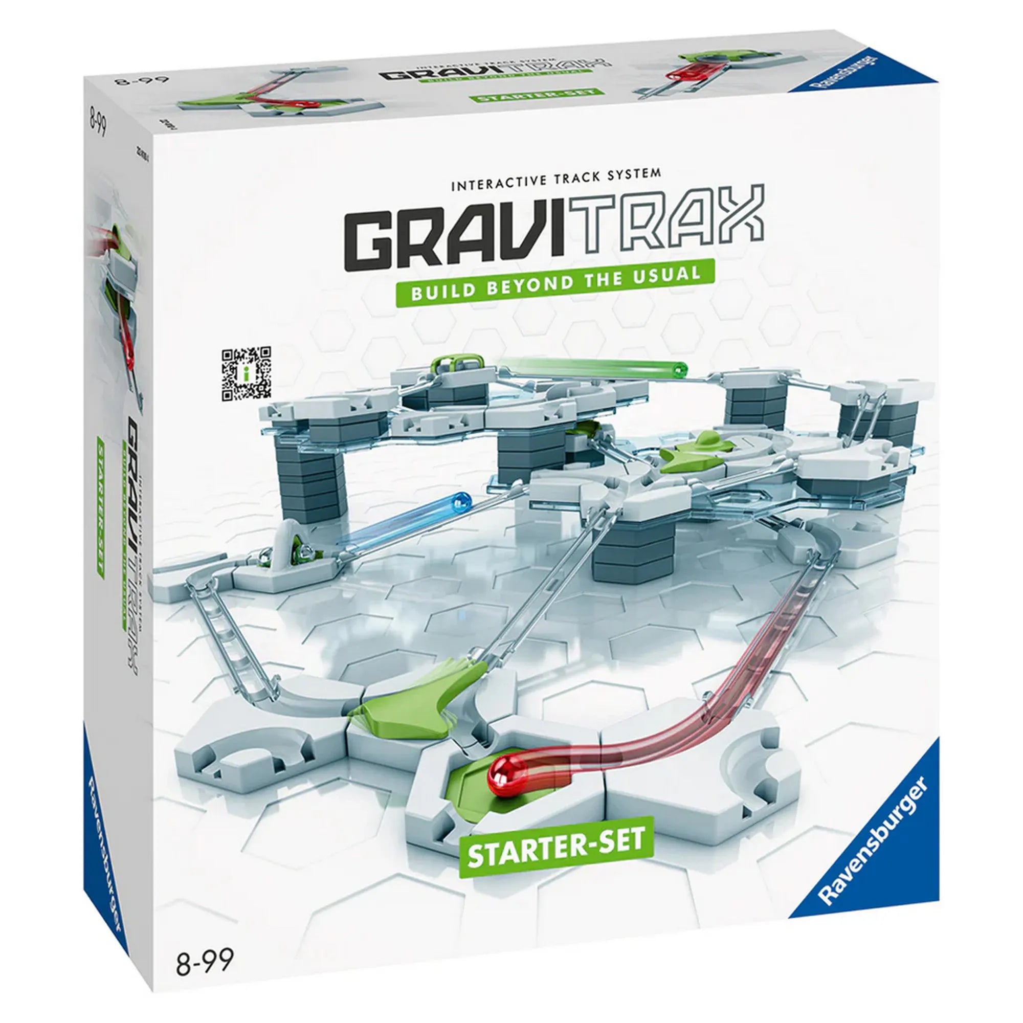 Gravitrax Starter Set alapkészlet dobozkép, interaktív golyópálya rendszer 124 elemmel, 8-99 év, Ravensburger STEM játék.