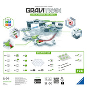 Gravitrax Starter Set hátoldal, elemlista és pályaépítési példa, STEM golyópálya 124 alkatrésszel, 6 golyóval.