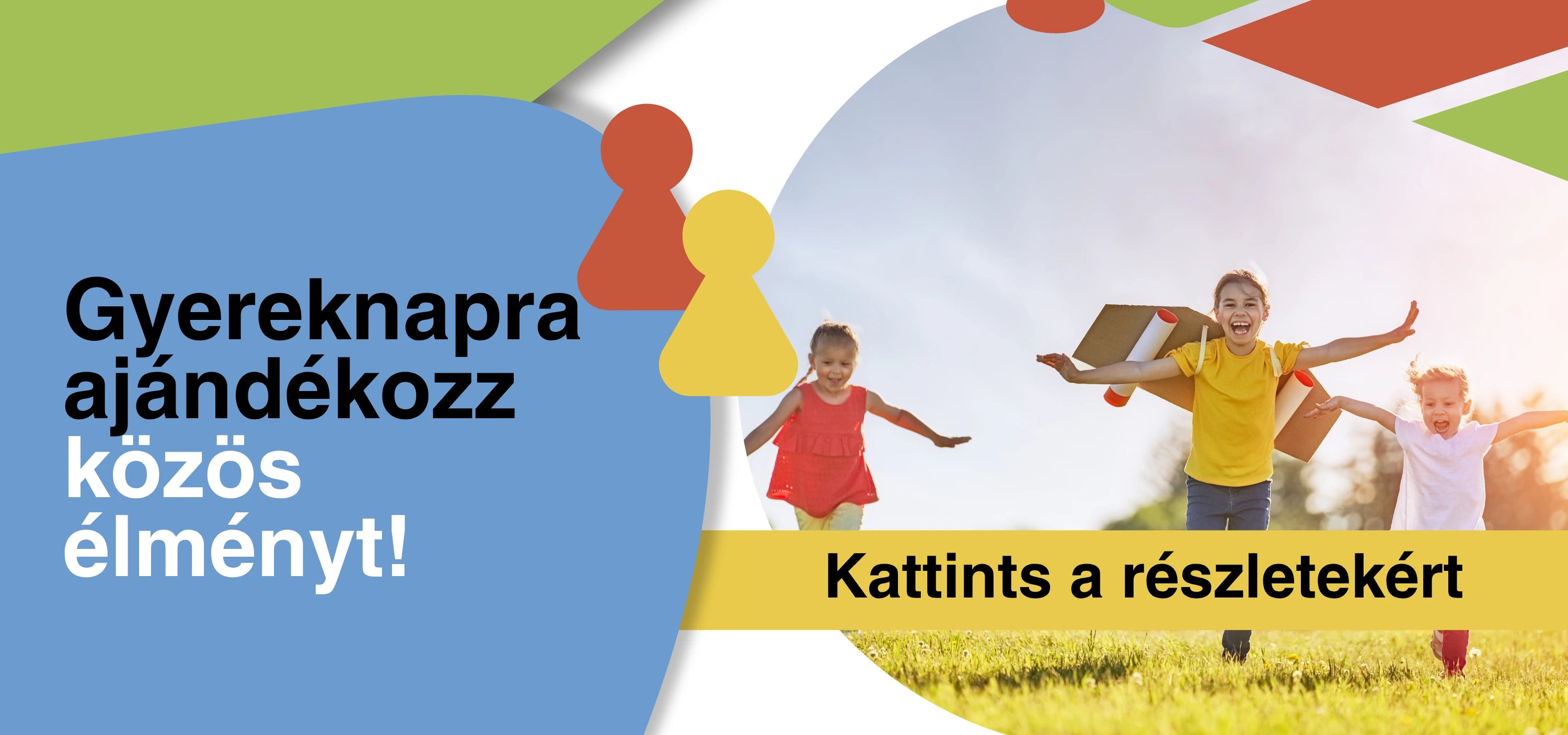 Gyereknapi banner közös élményekről, vidám gyerekekkel és játékos grafikával