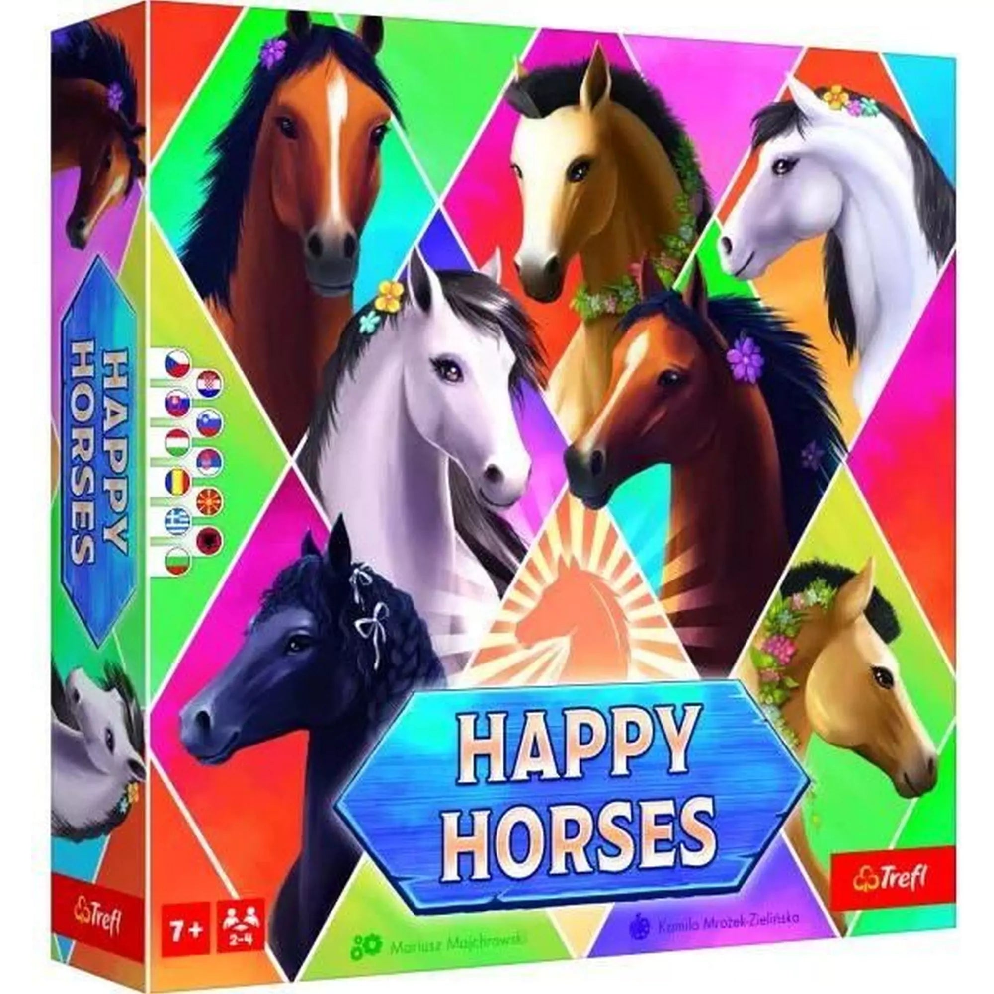 A Happy Horses társasjáték doboza színes lóillusztrációkkal, 7 éves kortól ajánlva, 2–4 játékos részére.