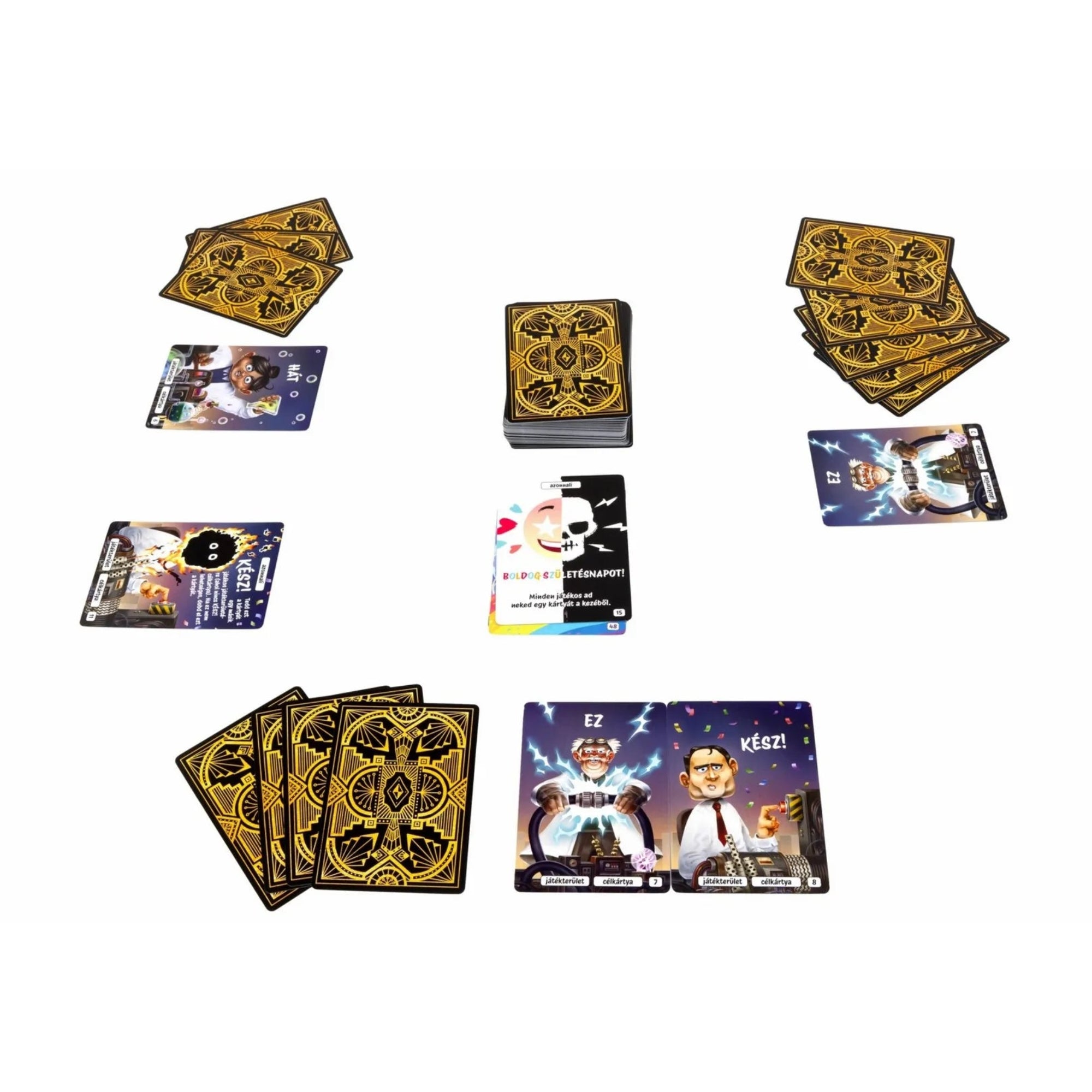 A Hát ez kész! társasjáték asztalon elrendezett partija, paklikkal és felfordított kártyákkal.