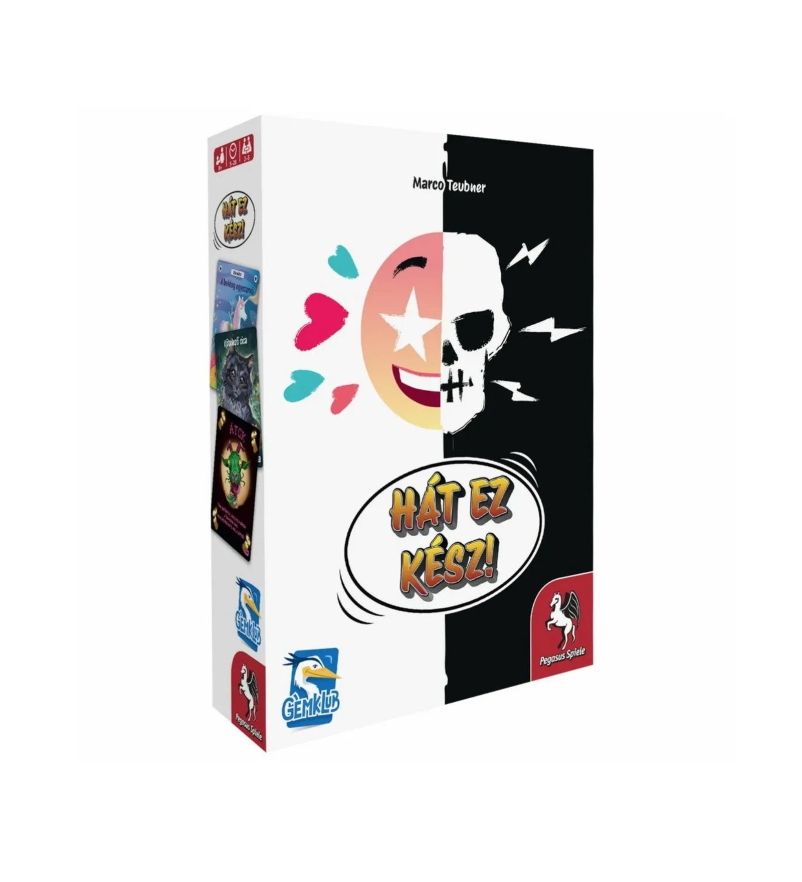 A Hát ez kész! társasjáték doboza, fele emoji, fele koponya grafikával, fehér-fekete háttérrel.