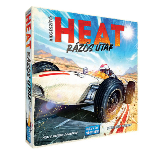 Heat: Rázós utak magyar nyelvű kiegészítő társasjáték dobozképe versenyautós grafikával.