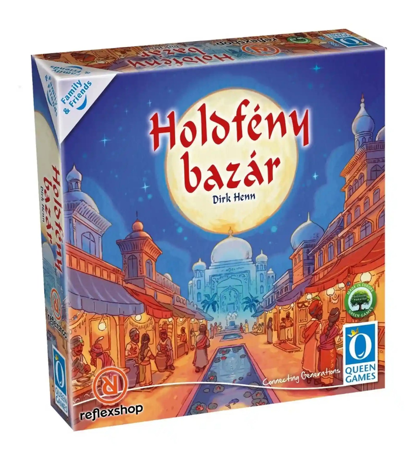 A Holdfény bazár társasjáték doboza, amely egy keleti bazárt ábrázol telihold fényében, kupolás palotákkal, nyüzsgő árusokkal és hangulatos esti piaccal.