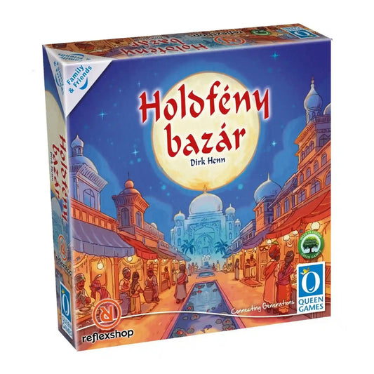 A Holdfény bazár társasjáték doboza, amely egy keleti bazárt ábrázol telihold fényében, kupolás palotákkal, nyüzsgő árusokkal és hangulatos esti piaccal.