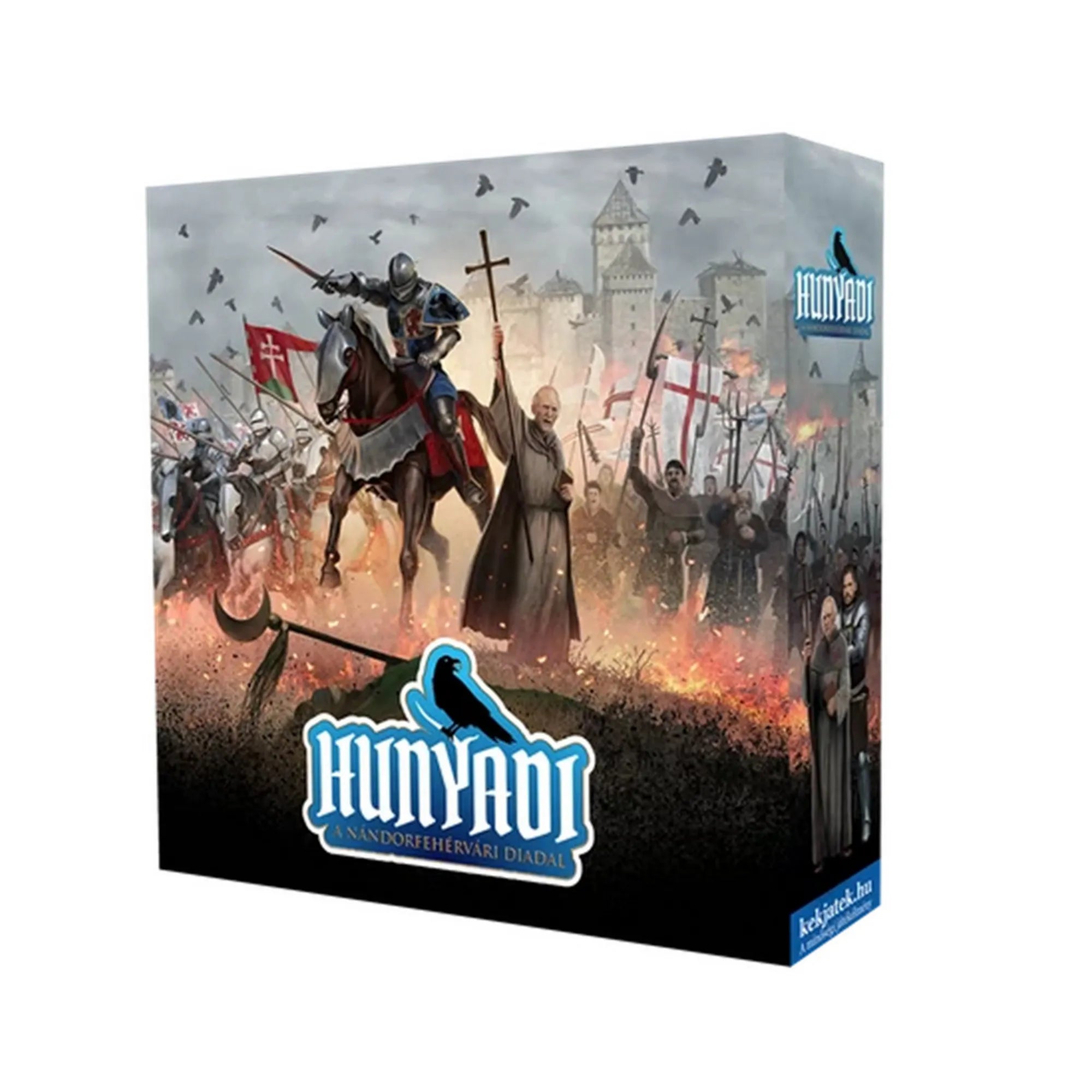 A Hunyadi – A nándorfehérvári diadal társasjáték doboza, amelyen lovagok, szerzetesek és zászlóvivők harci jelenete látható a vár ostrománál.