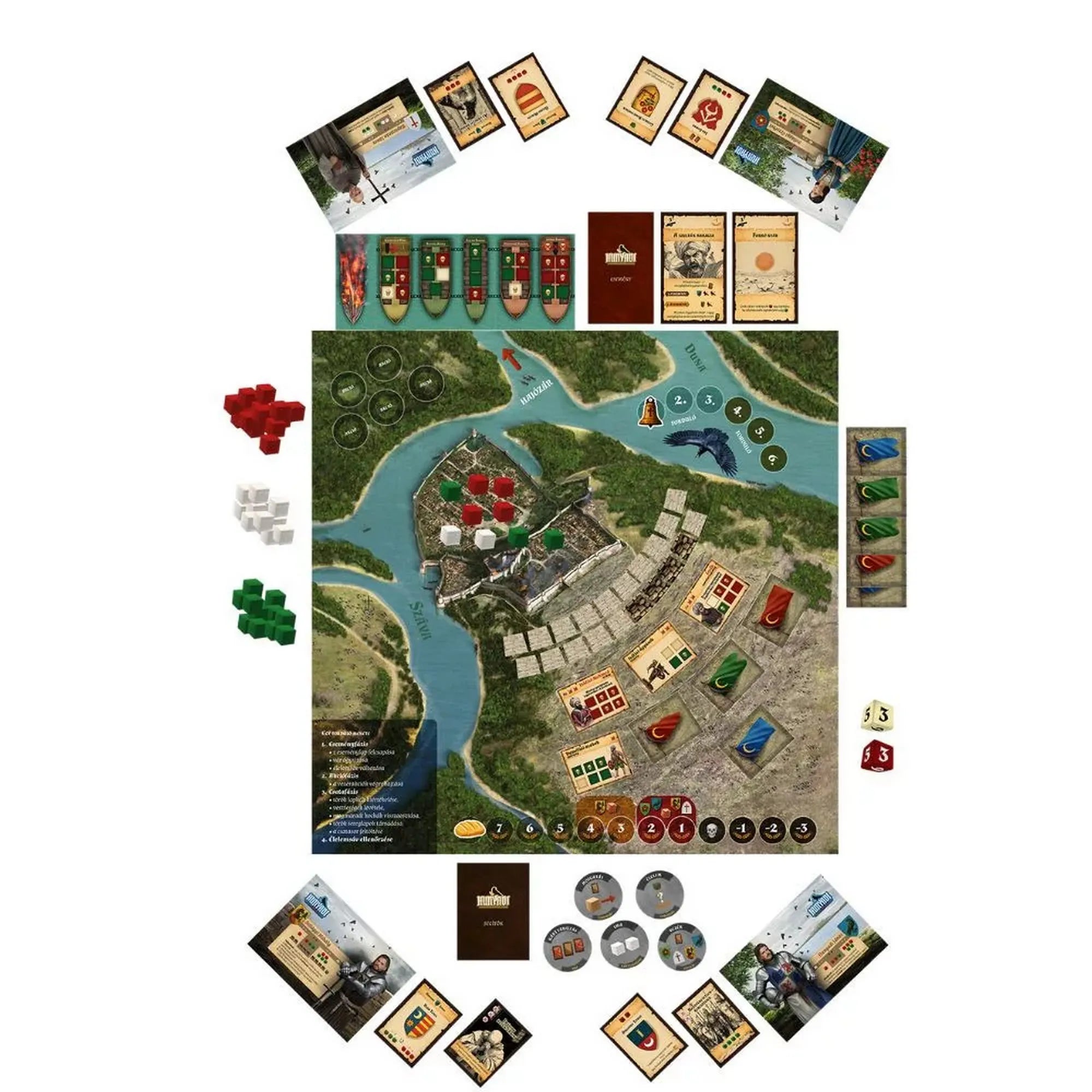 A Hunyadi – A nándorfehérvári diadal társasjáték komponensei kiterítve: játéktábla a vár környékével, kártyák, fakockák, jelölők, hajólapok és dobókockák.