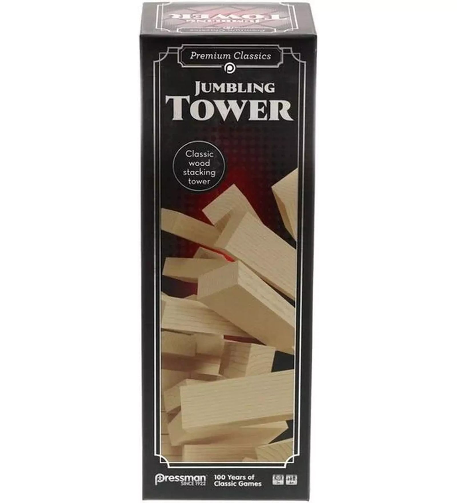 A Jumbling Tower doboza elölnézetből, fekete háttéren döntött fa elemek illusztrációjával és a „Classic wood stacking tower” felirattal.