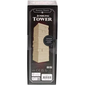 A Jumbling Tower doboza hátulnézetből, rajta a fa torony képe és a tartalomleírás: 48 fa blokk és útmutató.