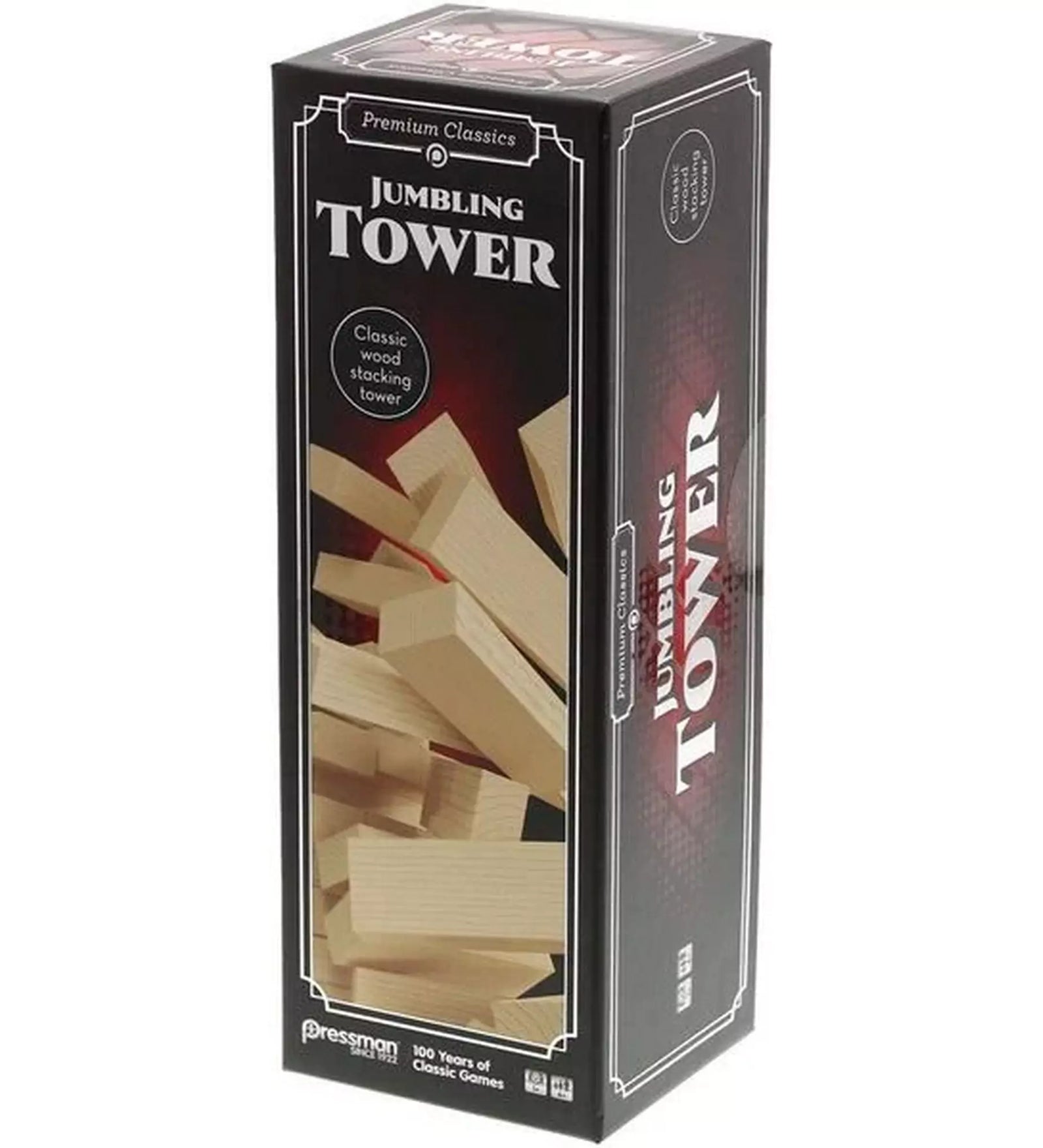 A Jumbling Tower doboza oldalnézetből, a piros-fekete háttér előtt zuhanó fa elemek illusztrációjával.