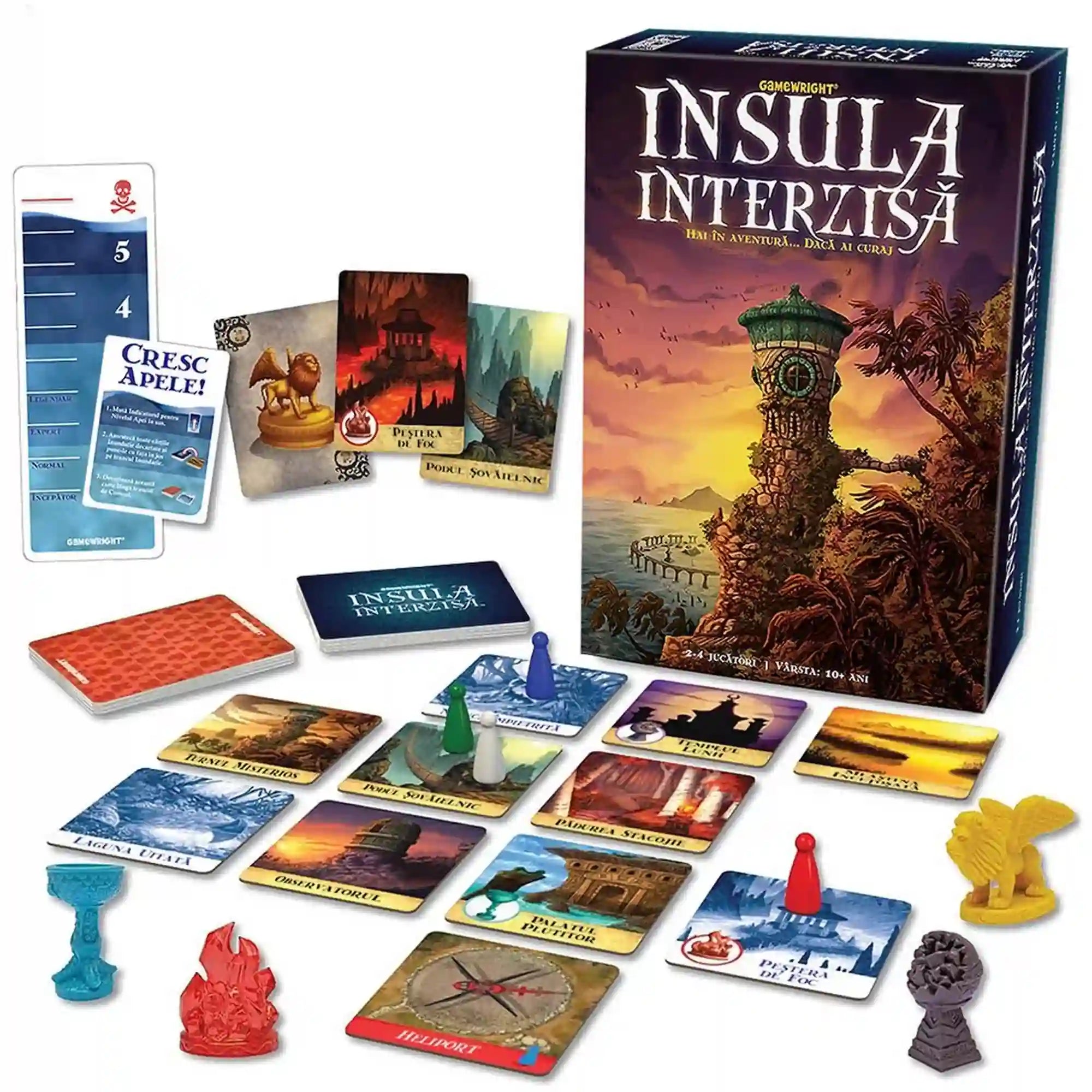 Insula Interzisă román nyelvű társasjáték teljes tartalma kártyákkal, lapkákkal, bábukkal és kincsfigurákkal.