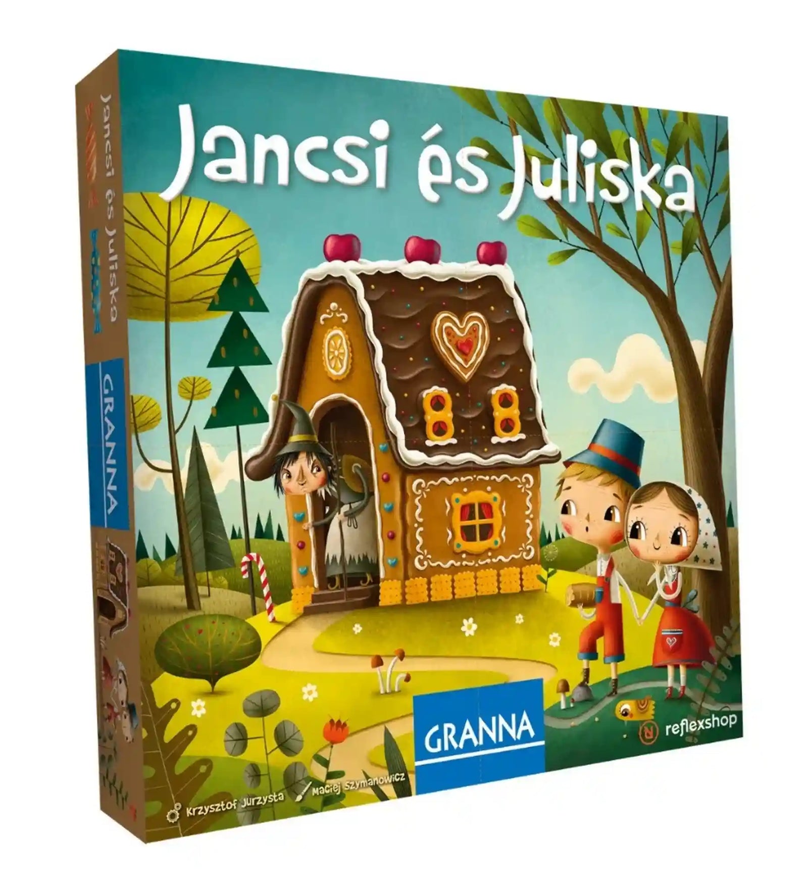 Jancsi és Juliska társasjáték dobozképe meseillusztrációval és mézeskalács házikó grafikával