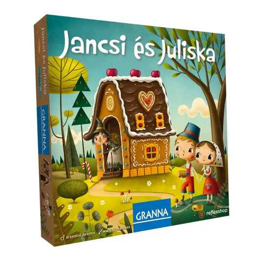 Jancsi és Juliska társasjáték dobozképe meseillusztrációval és mézeskalács házikó grafikával
