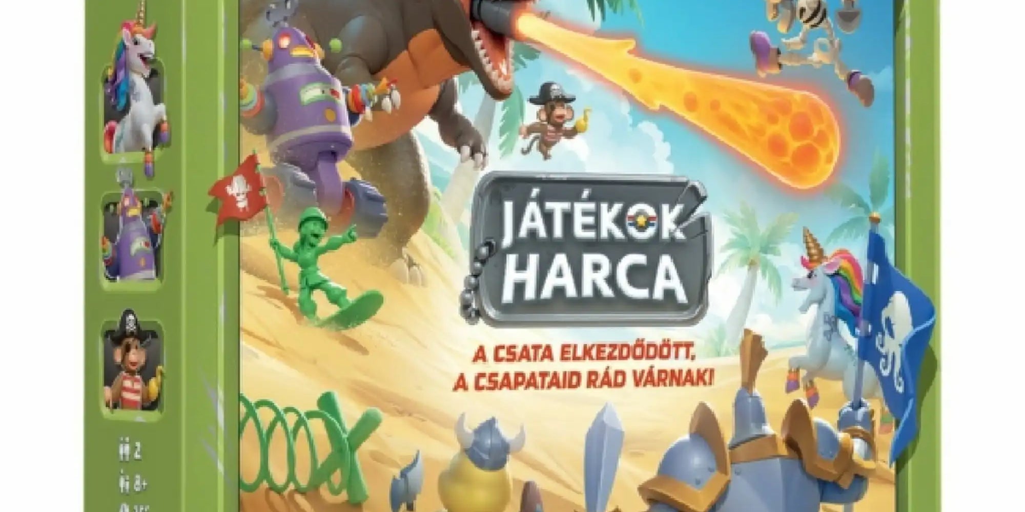 Játékok Harca társasjáték doboza, amelyen egy dinoszaurusz, robot, kalóz, csontváz, unikornis és lovag látható egy humoros csatatéren. A stratégiai társasjáték 2 játékos számára készült.